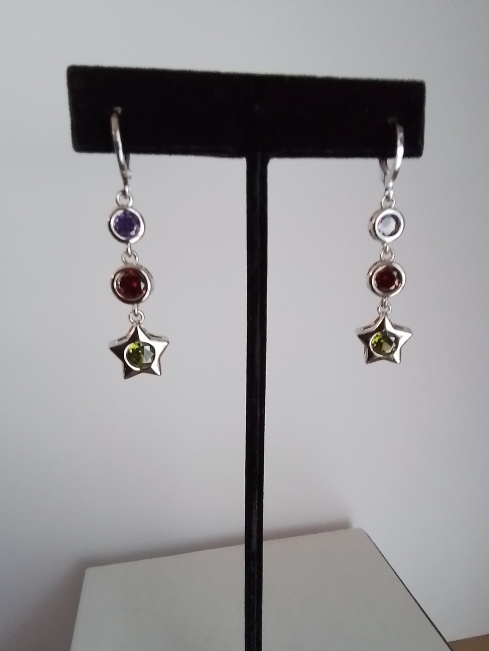 White Gold Plated Drop Earrings with Purple, Red & Green Gems
